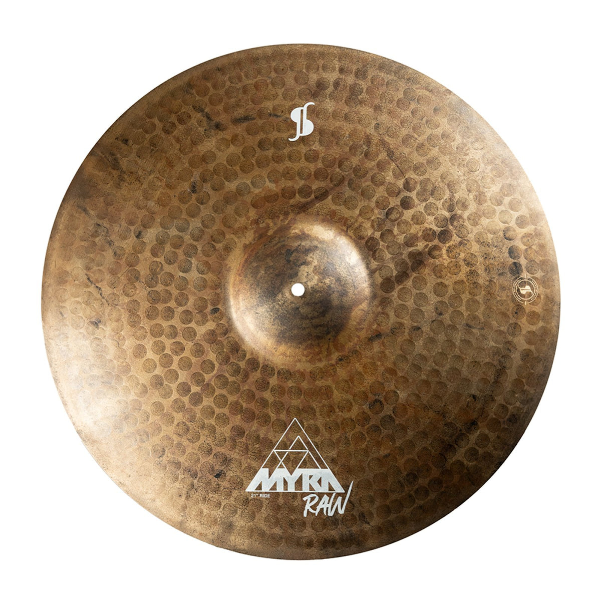 Stagg MYRA Raw 21-inch ride cymbal seen from above, showing the hammered raw surface and MYRA Raw logo