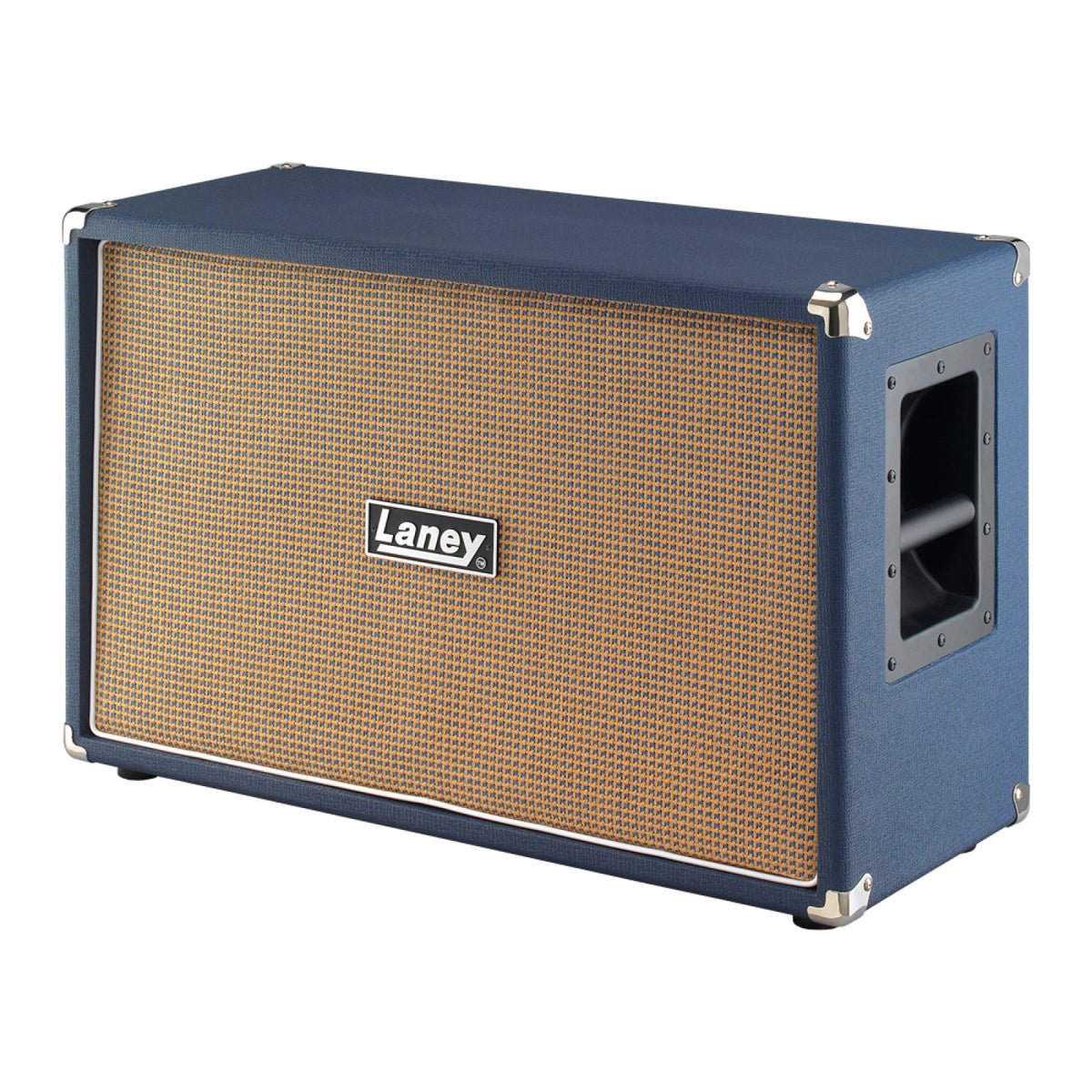 Laney LF-212 2x12 guitar speaker cabinet opposite front three-quarter view with blue vinyl cover and tan grille cloth