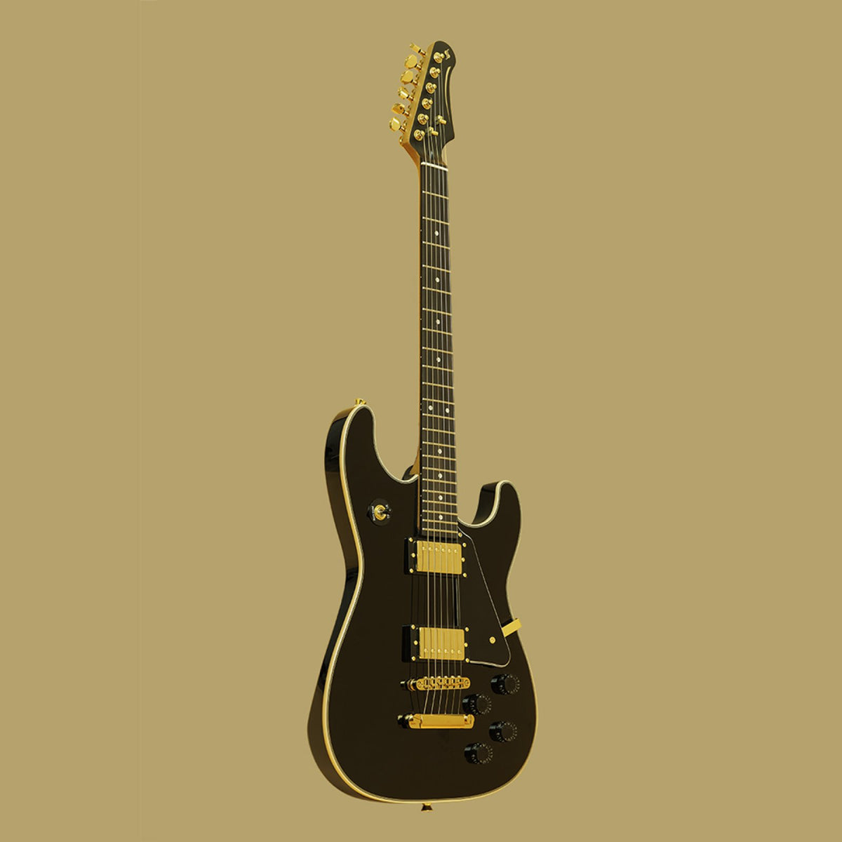 Stagg 30th Anniversary Legacy series electric guitar in black with gold hardware, full front view