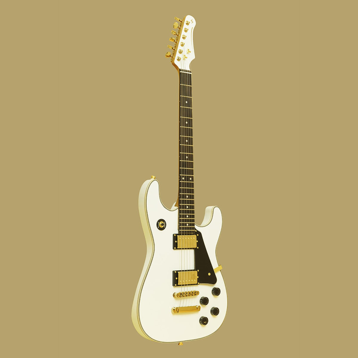 Stagg 30th Anniversary Legacy series electric guitar in white with gold hardware, full front view