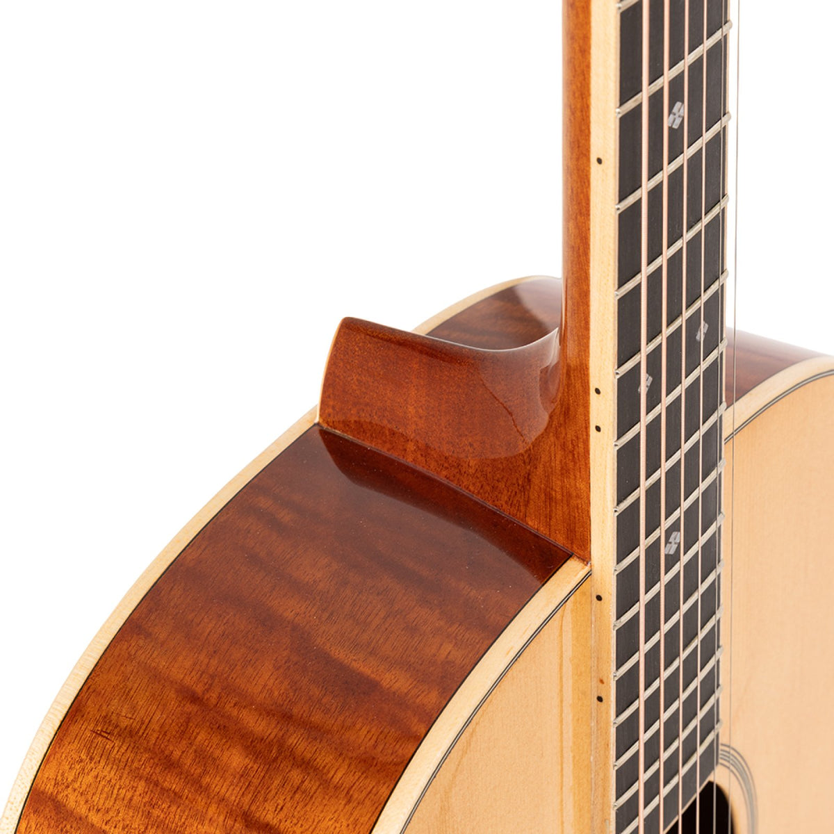 Close-up of the neck joint, snowflake fingerboard inserts and flamed mahogany side on the Stagg SA45 O-FM guitar