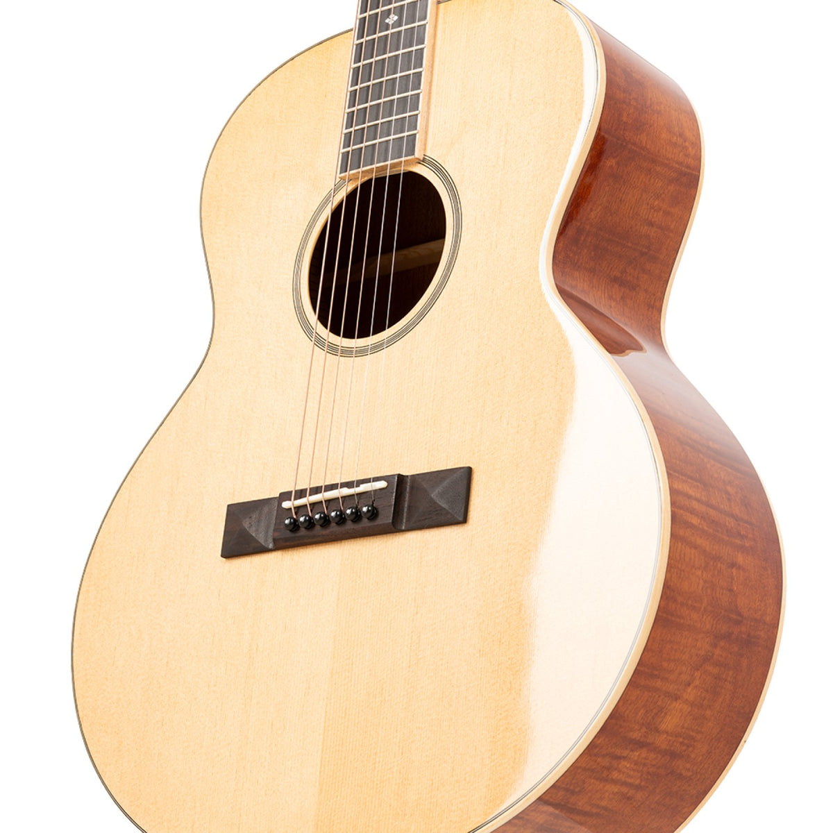 Angled view of the Stagg SA45 O-FM orchestra guitar body with maple binding and rosewood bridge
