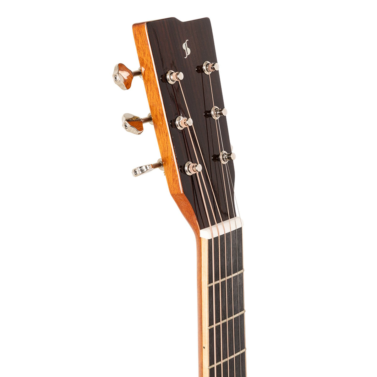 Headstock of the Stagg SA45 OCE-FM guitar with vintage-type chrome machine heads