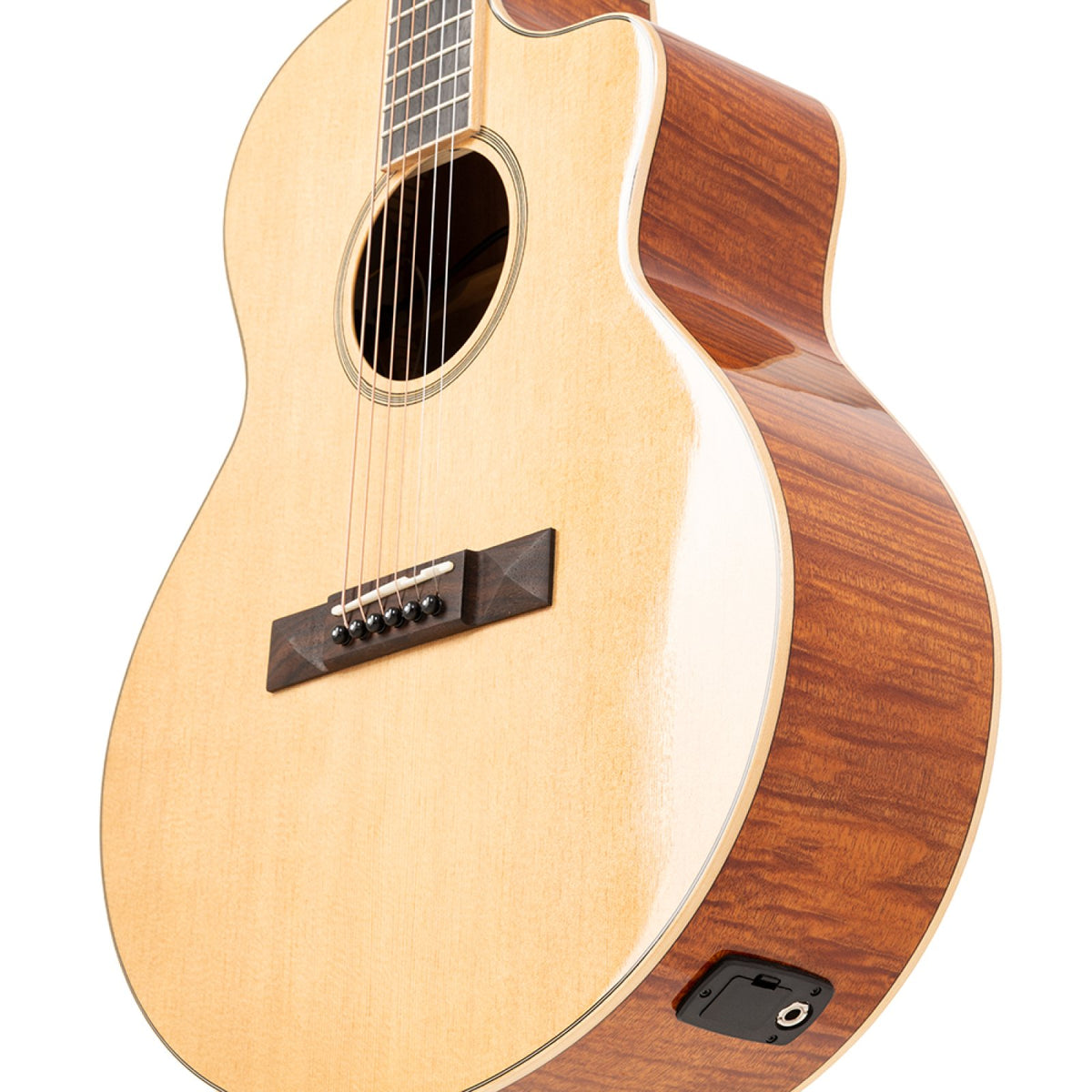 Angled view of the Stagg SA45 OCE-FM cutaway guitar body with spruce top and flamed mahogany side