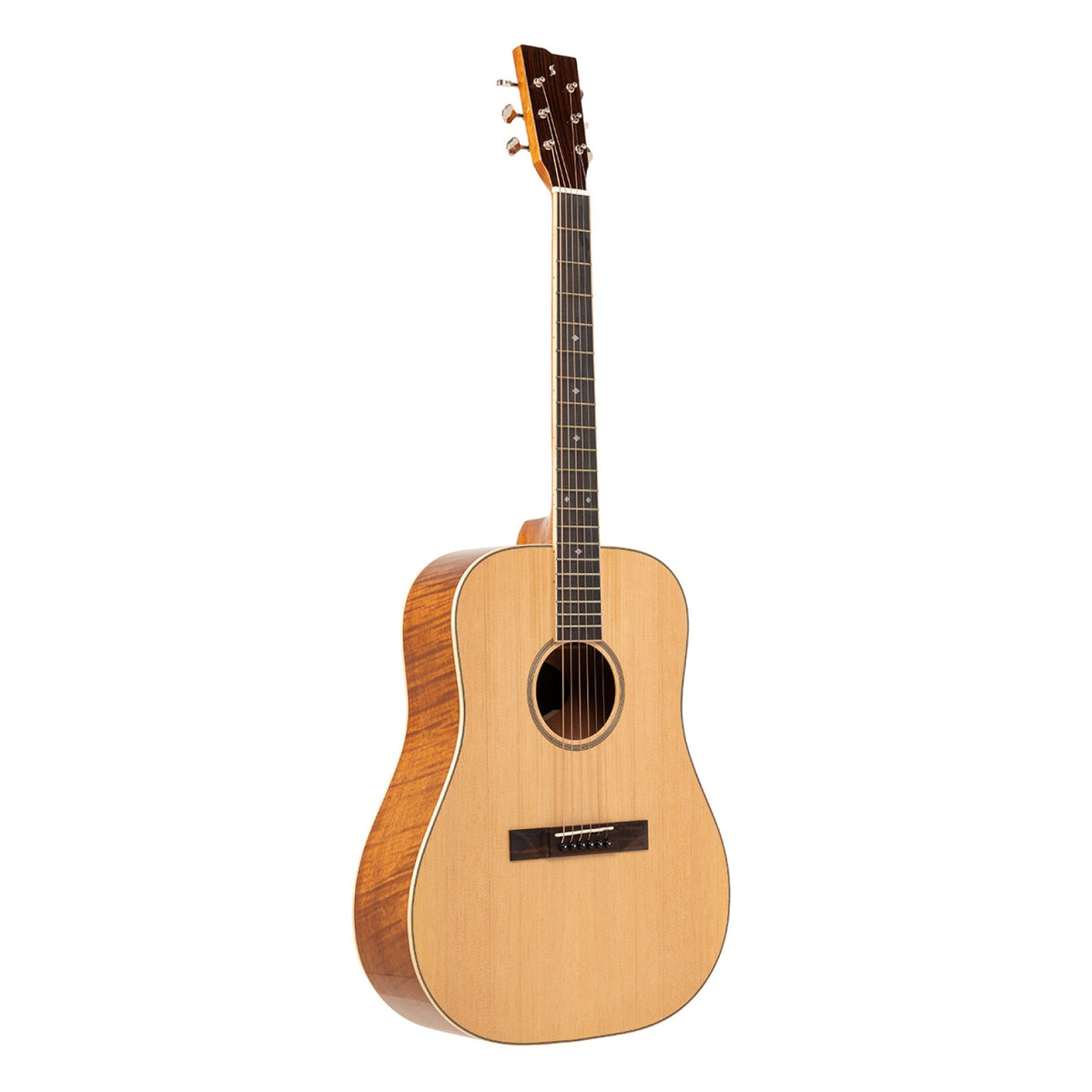 Stagg SA45 D-FM Series 45 dreadnought acoustic guitar with spruce top and flamed mahogany sides, full front view