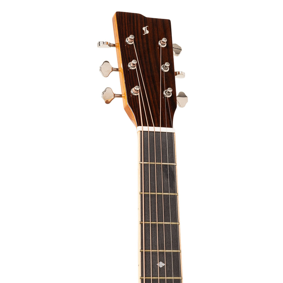 Headstock of the Stagg SA45 D-FM guitar with vintage-type chrome machine heads