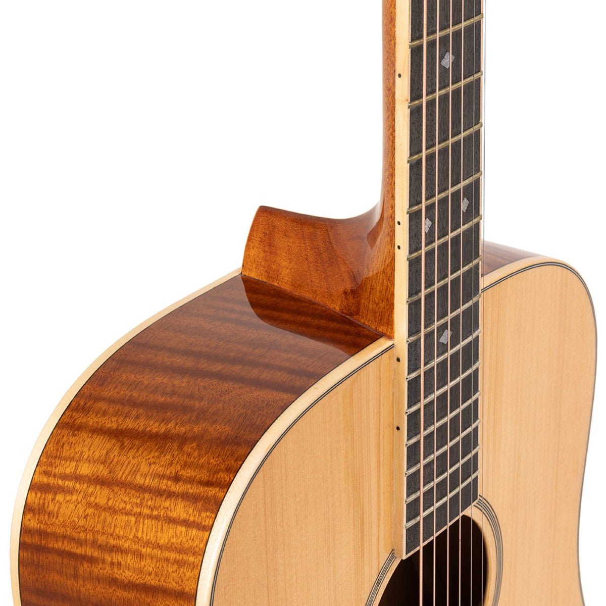 Close-up of the neck joint, snowflake fingerboard inserts and flamed mahogany side on the Stagg SA45 D-FM guitar