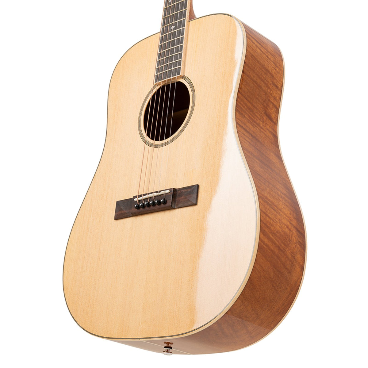 Angled view of the Stagg SA45 D-FM dreadnought guitar body with maple binding and rosewood bridge