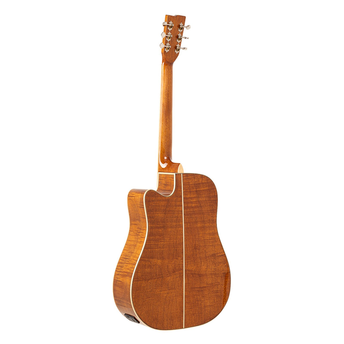 Back of the Stagg SA45 DCE-FM cutaway guitar showing the flamed mahogany back and neck