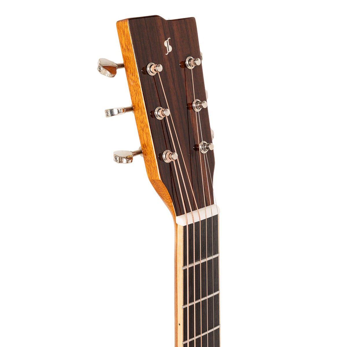 Headstock of the Stagg SA45 DCE-FM guitar with vintage-type chrome machine heads