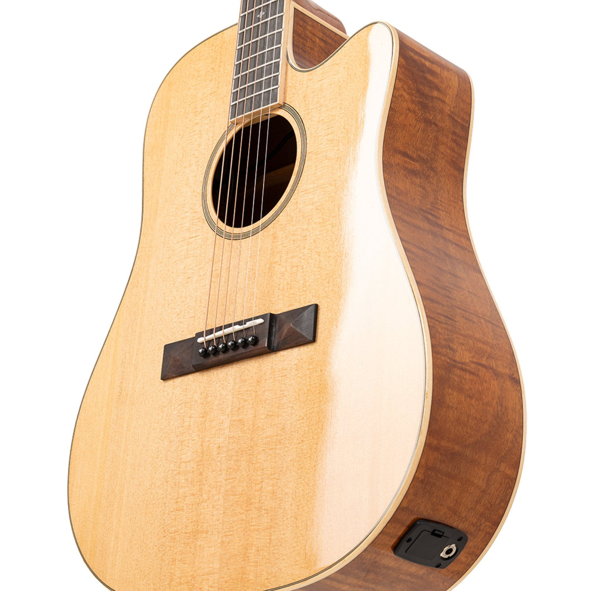 Angled view of the Stagg SA45 DCE-FM cutaway dreadnought body with spruce top and flamed mahogany side