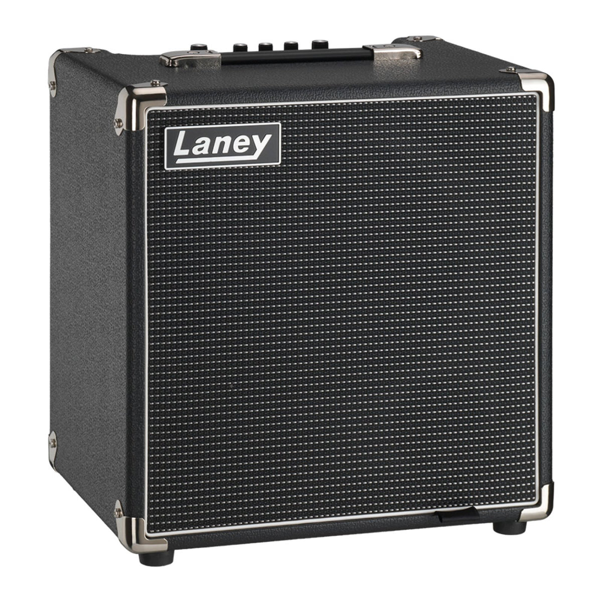 Laney Digbeth DBF50 left three-quarter view of the black 1x10 bass combo amp with silver-weave grille cloth, steel corners and Laney badge