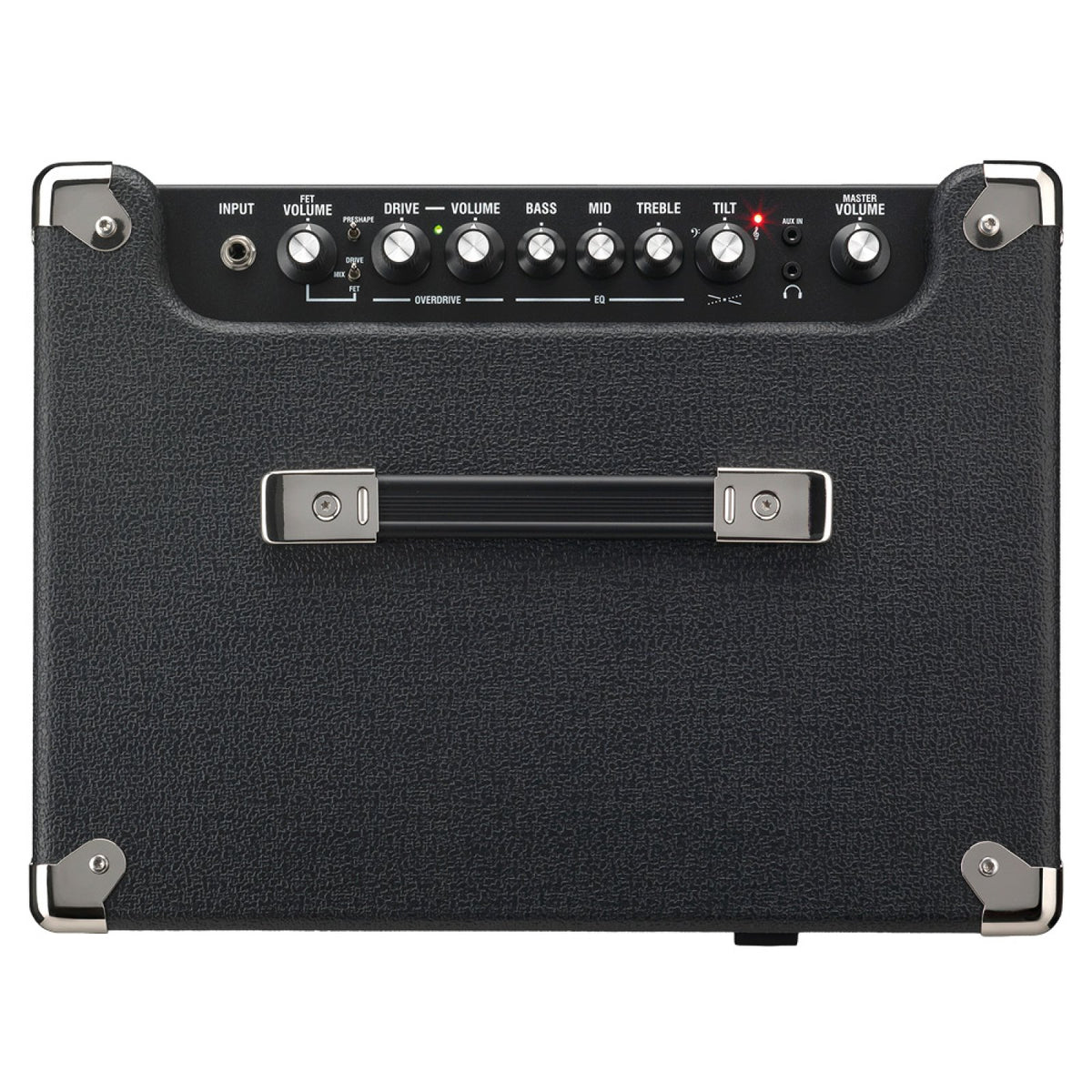 Laney Digbeth DBF50 top control panel with input, FET volume, drive, volume, bass, mid, treble, tilt and master volume knobs and the strap handle