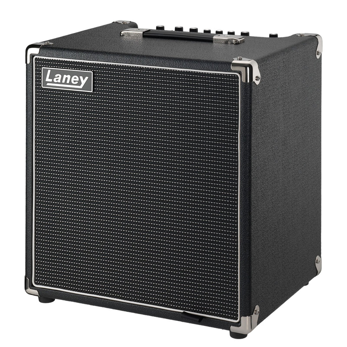 Laney Digbeth DBF50 right three-quarter view of the black 1x10 bass combo amp with grille cloth and top control panel