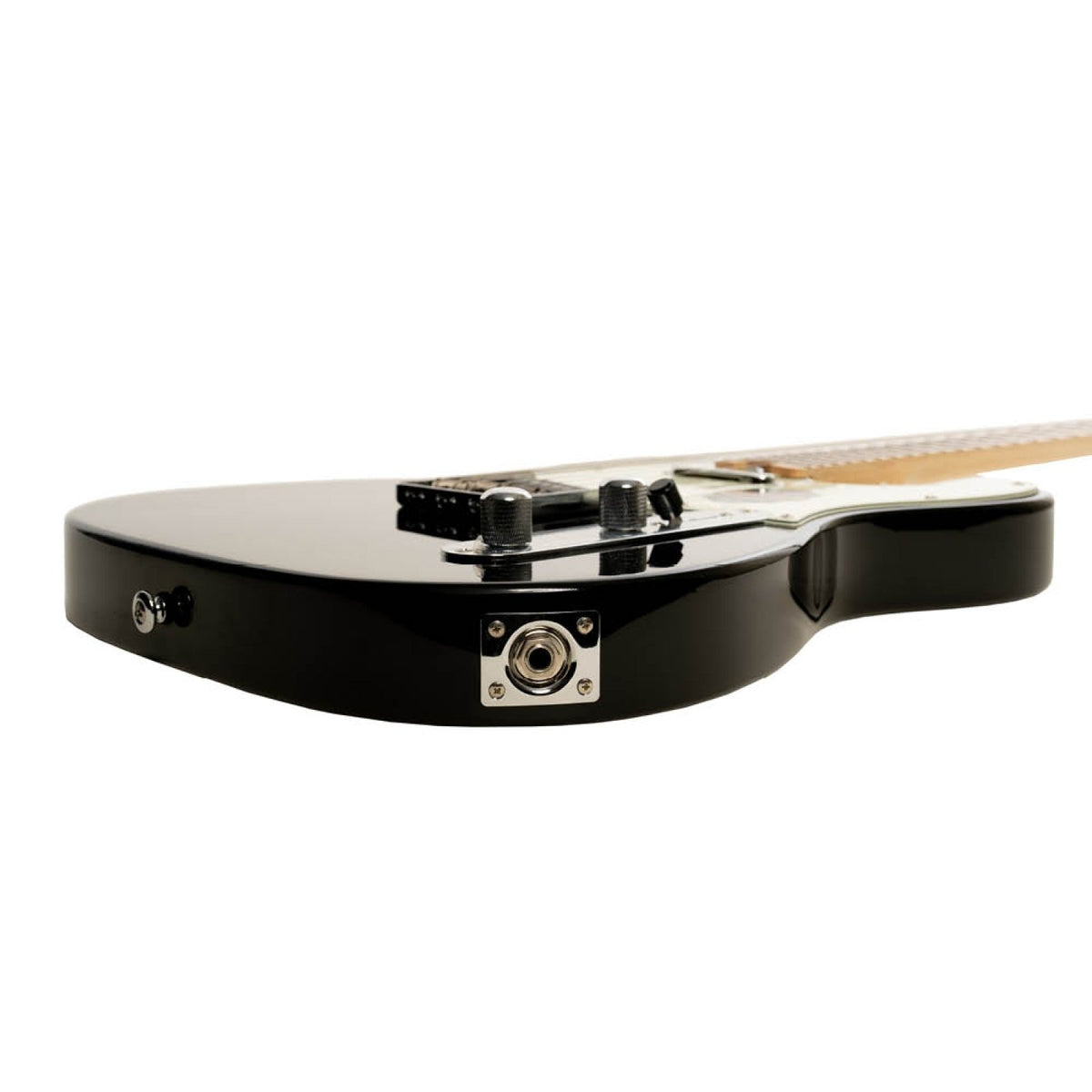 Crafter Modern Sera electric guitar in Cosmic Black, side view of output jack and body edge