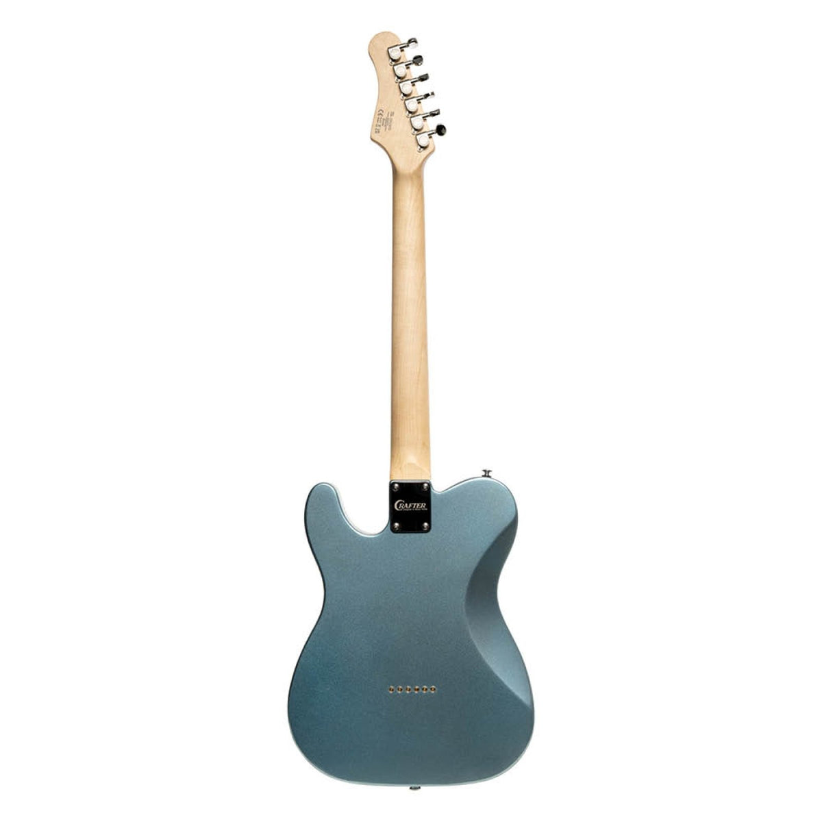 Crafter Modern Sera T-style electric guitar in Lake Placid Blue, full back view with maple neck