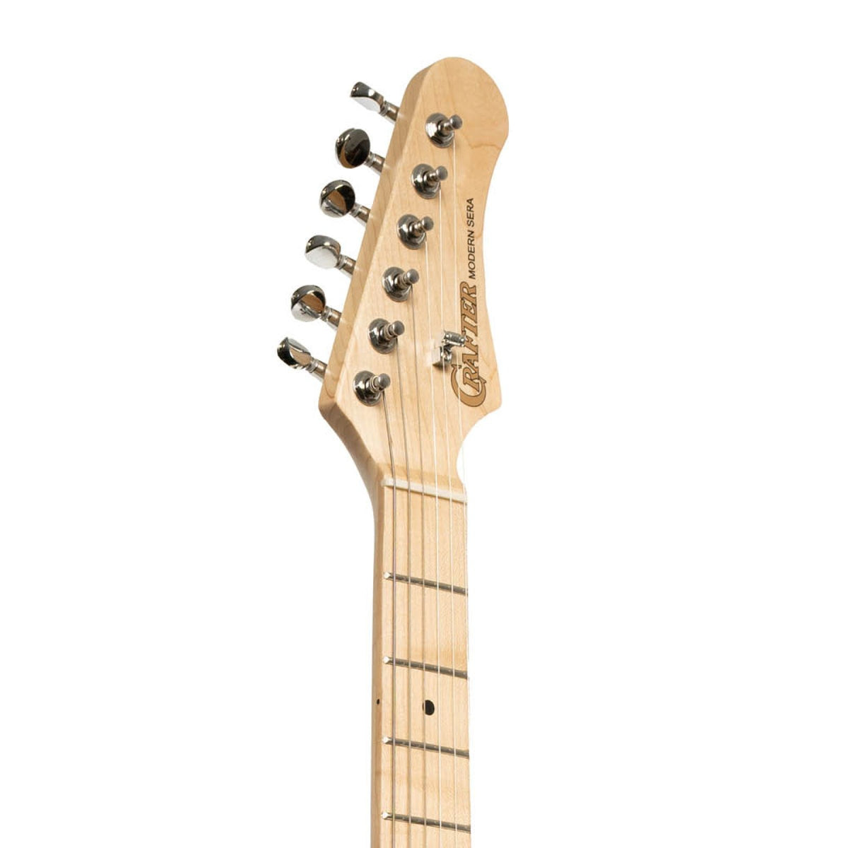 Crafter Modern Sera electric guitar in Lake Placid Blue, maple headstock front with tuners