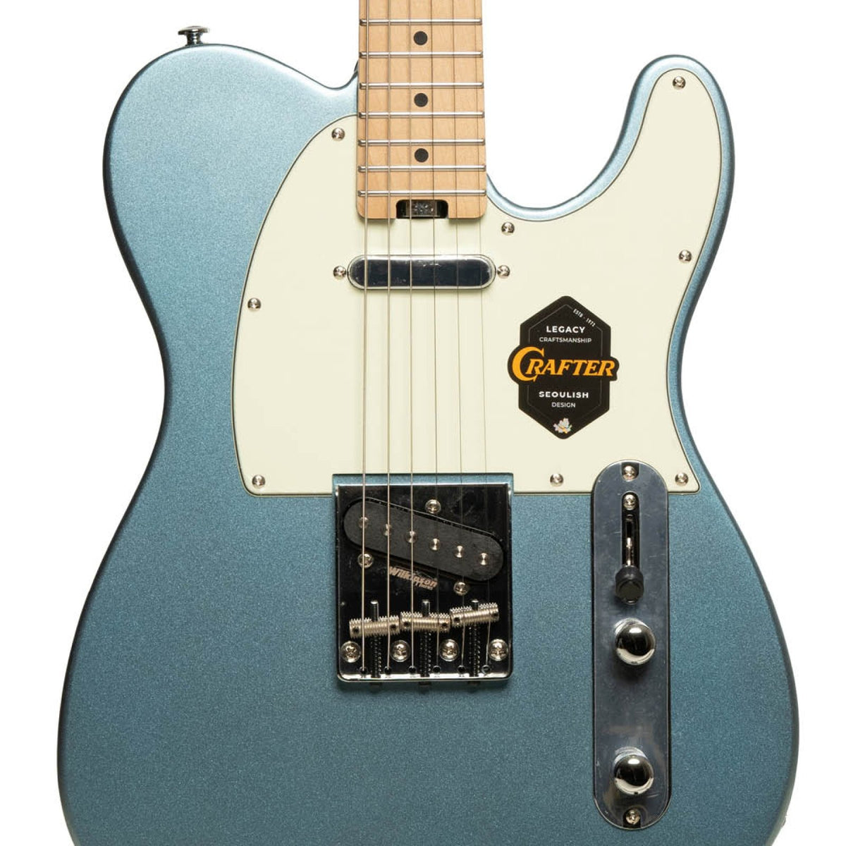 Crafter Modern Sera electric guitar in Lake Placid Blue, close-up of pickguard, pickup, bridge and control plate