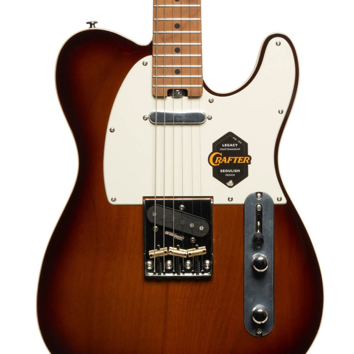 Crafter Modern Seoul T60-style electric guitar in Tobacco Sunburst, pickups, bridge and controls close-up