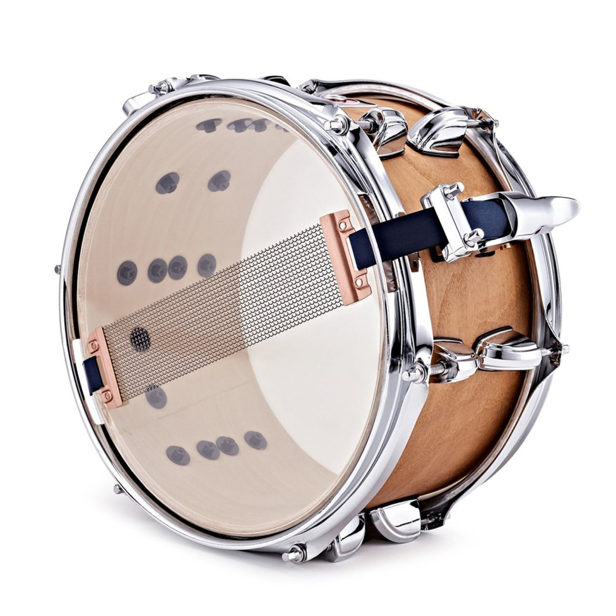 Underside of the Premier Artist 10" x 5.5" birch snare drum in Antique Ash showing the snare wires with copper end plates