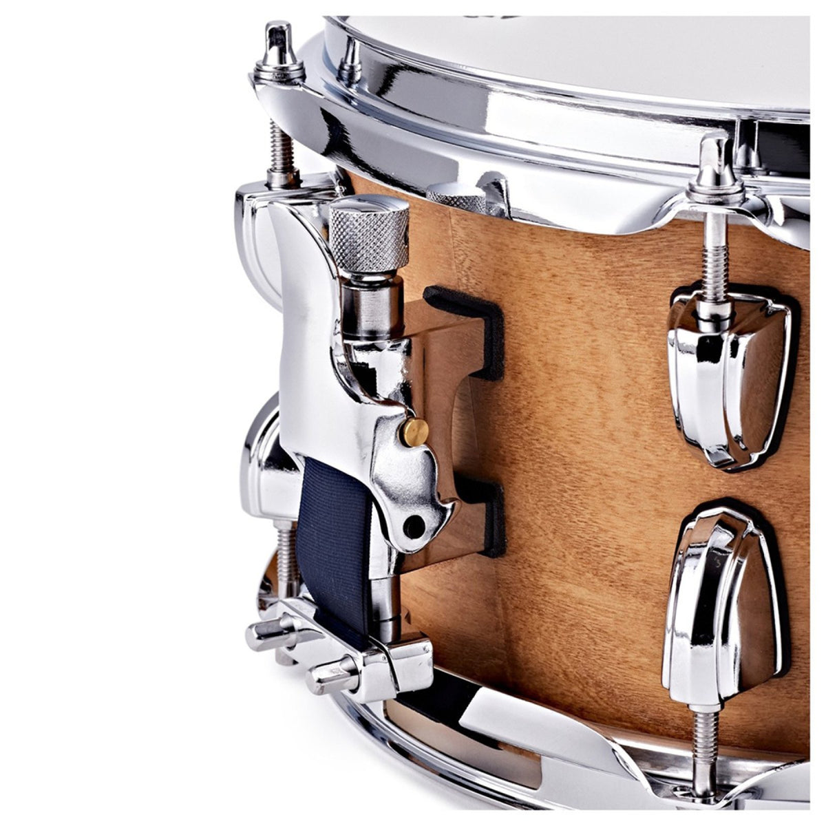 Close-up of the snare strainer and lugs on the Premier Artist 10" x 5.5" birch snare drum in Antique Ash
