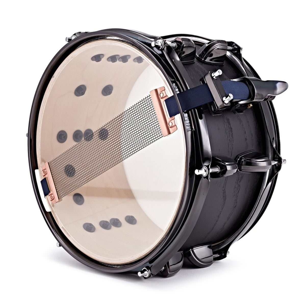 Underside of the Premier Artist 10" x 5.5" birch snare drum in Stealth Black showing the snare wires with copper end plates