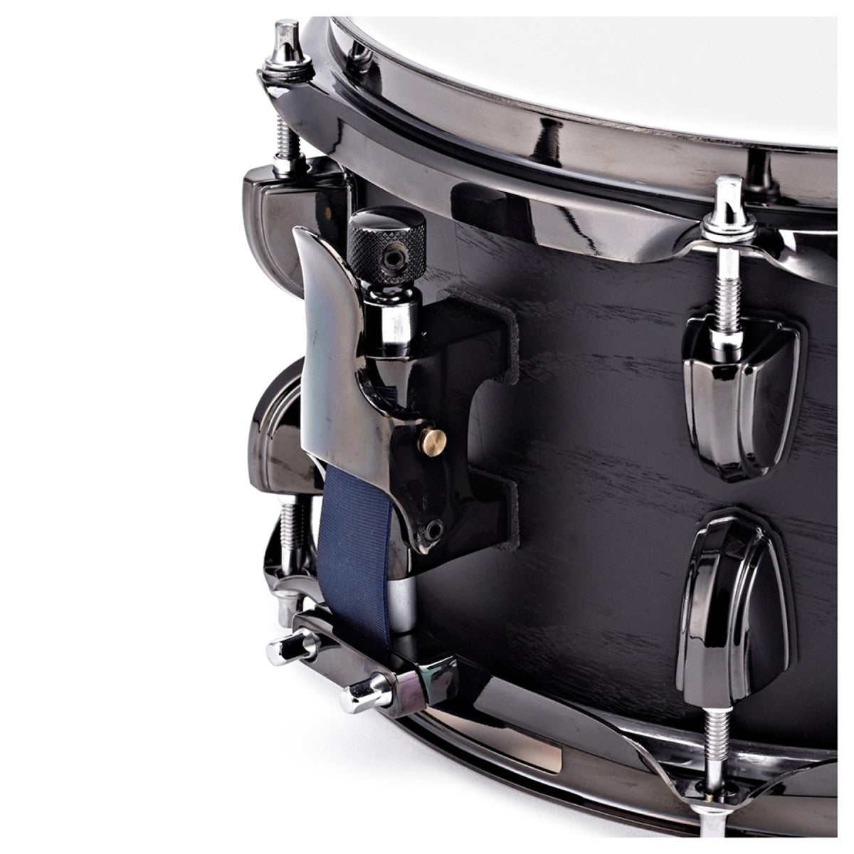Close-up of the snare strainer and lugs on the Premier Artist 10" x 5.5" birch snare drum in Stealth Black