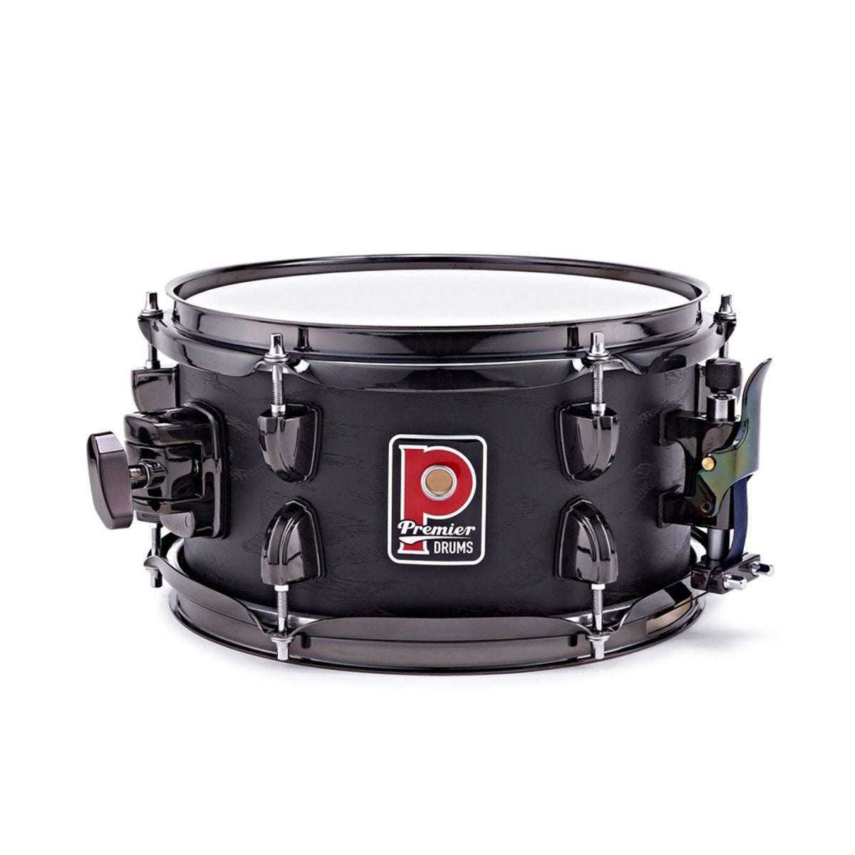 Front view of the Premier Artist 10" x 5.5" birch snare drum in Stealth Black showing the Stealth Black finish and black nickel hardware
