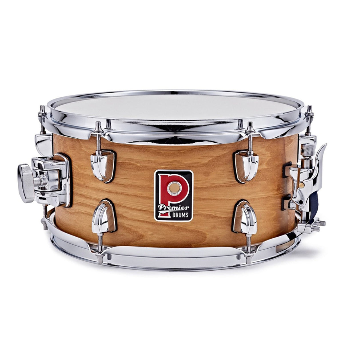 Front view of the Premier Artist 12" x 6" birch snare drum in Antique Ash showing the Antique Ash wood-grain finish and chrome hardware