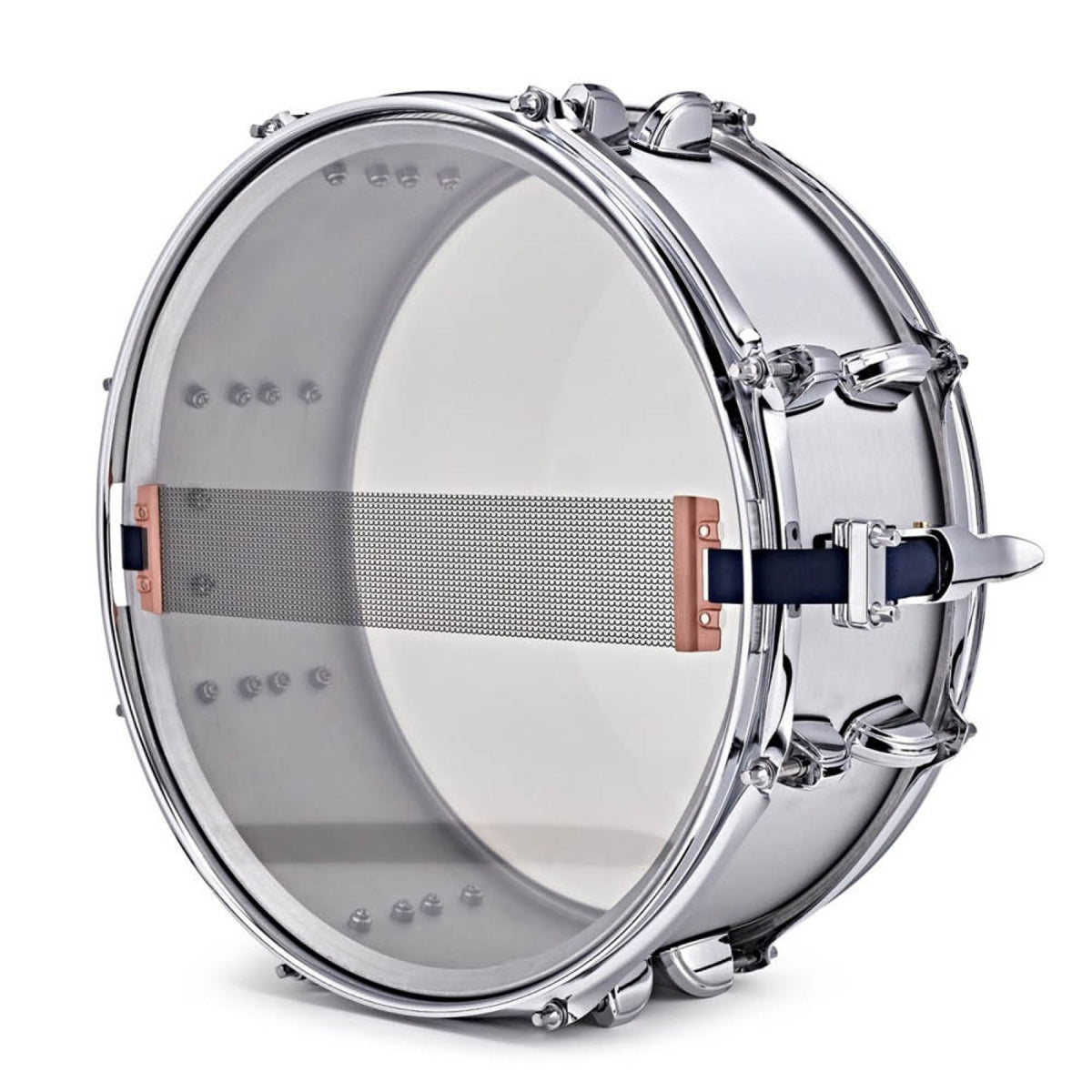 Underside of the Premier Artist 14" x 5.5" aluminium snare drum showing the snare wires with copper end plates