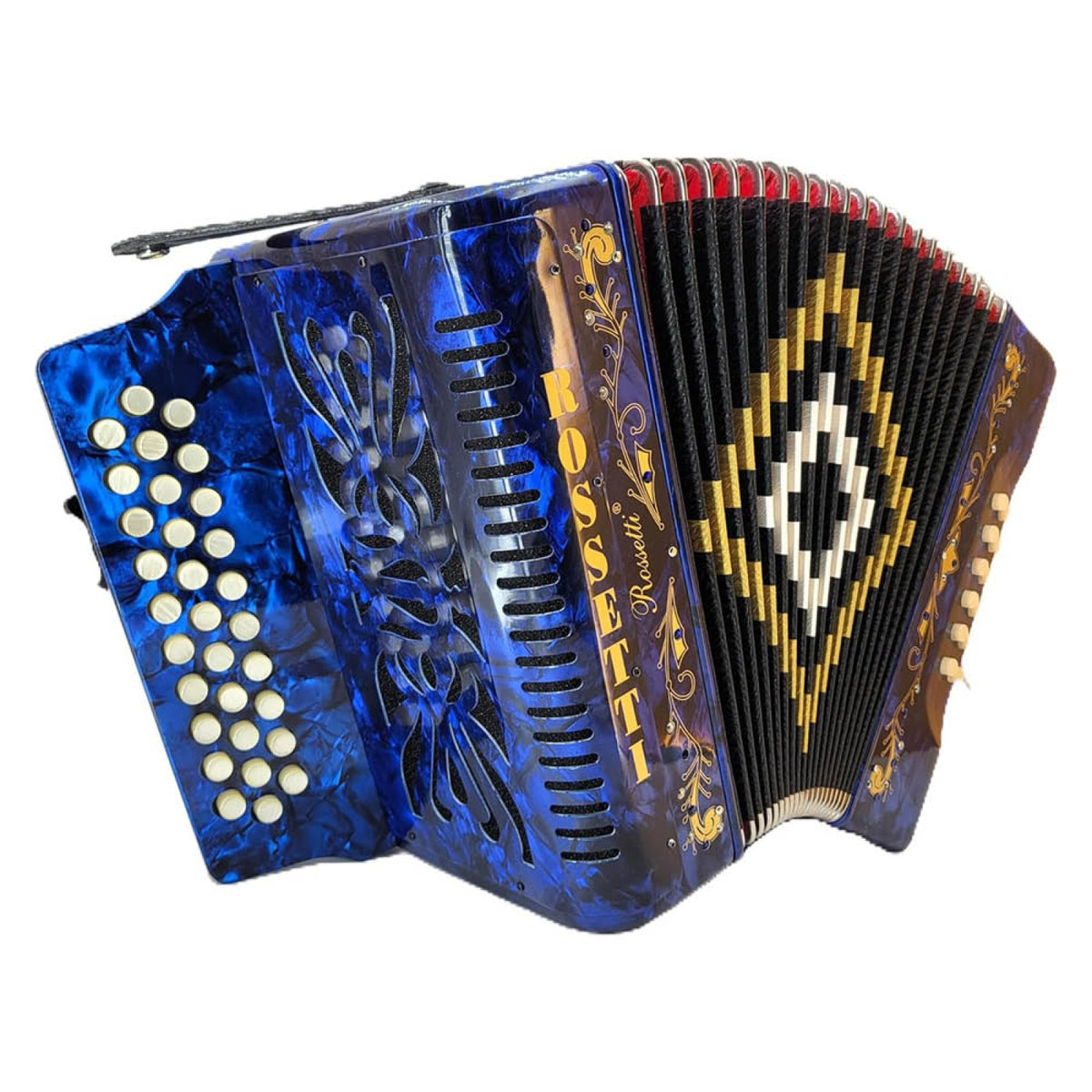 Rossetti 3112-GCF 31-button 12-bass diatonic accordion in blue, angled view of the treble side and black bellows
