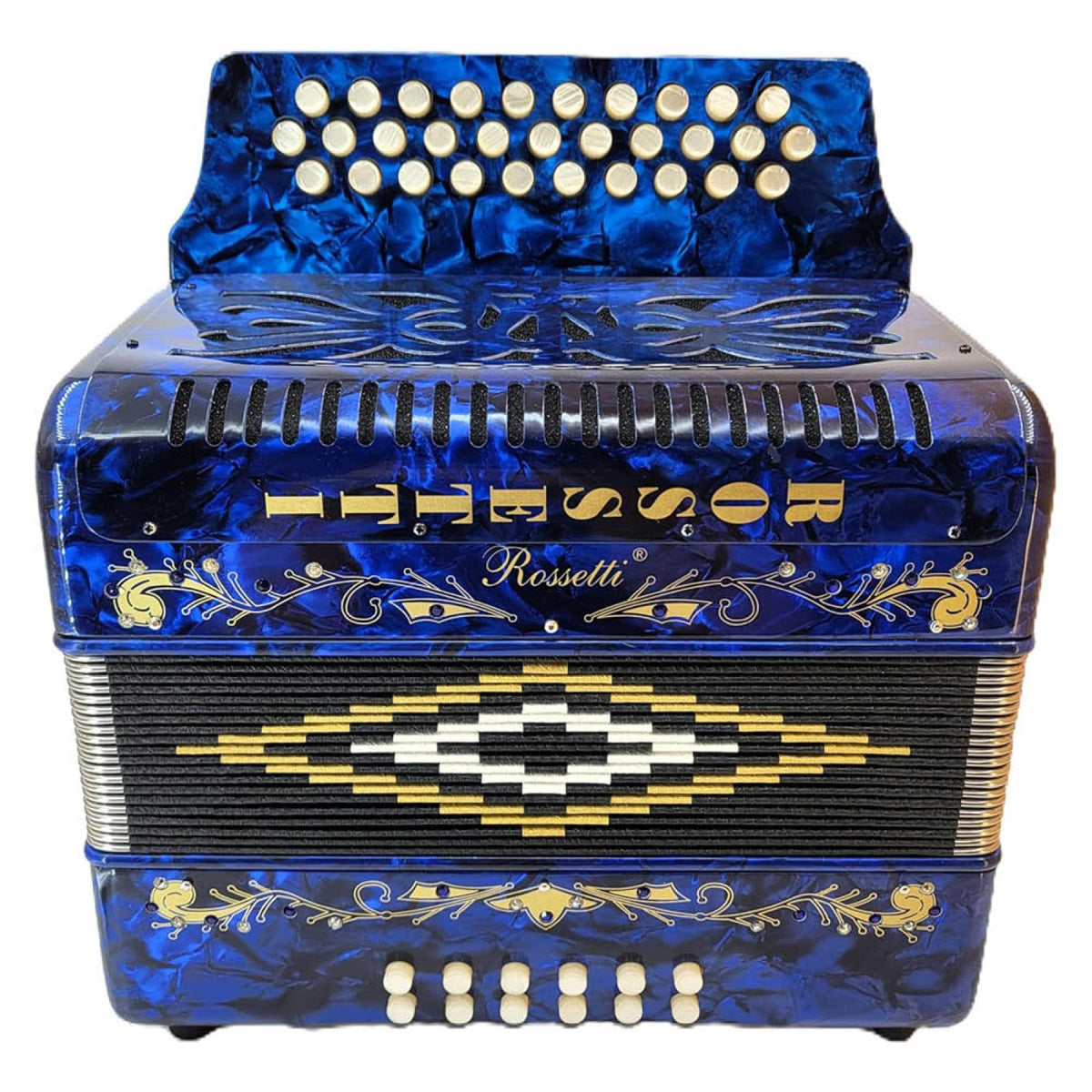 Rossetti 3112-GCF blue diatonic accordion, front view showing Rossetti logo and gold bellows diamond decoration