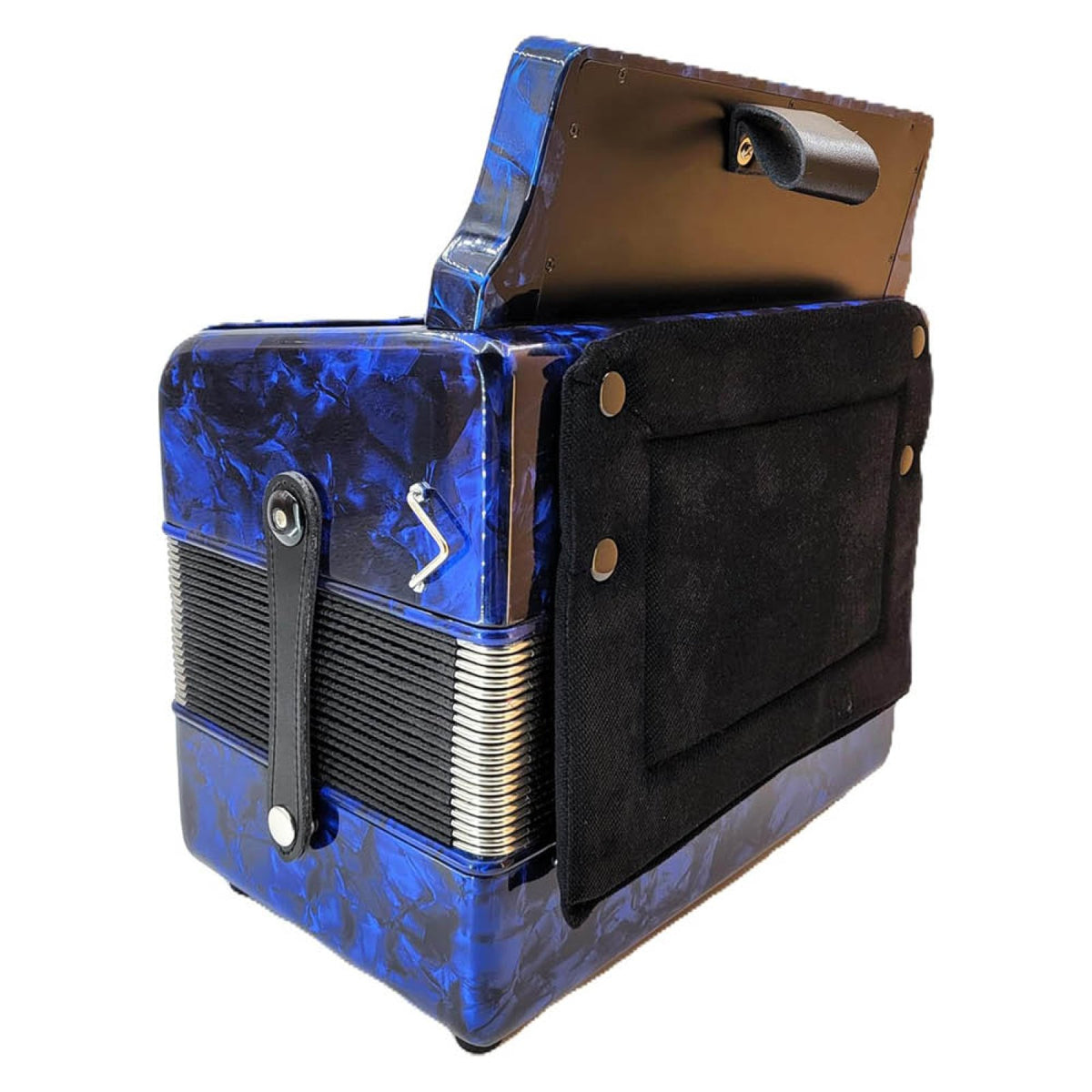 Rossetti 3112-GCF blue accordion, side view showing the bellows strap and padded back panel