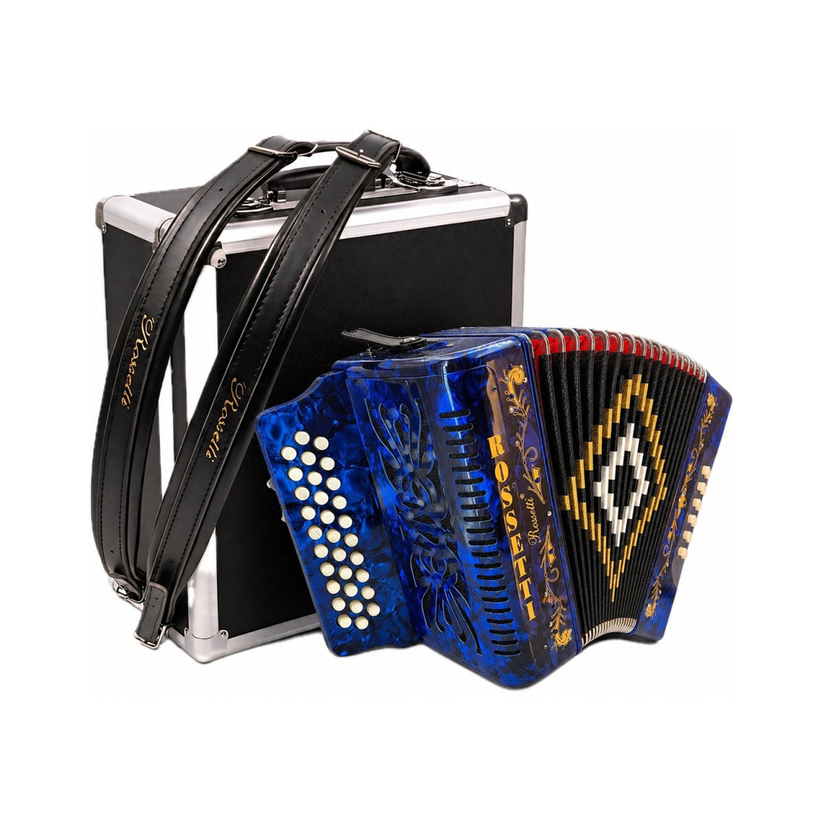 Blue Rossetti 3112-GCF accordion shown in front of its hard case with shoulder straps