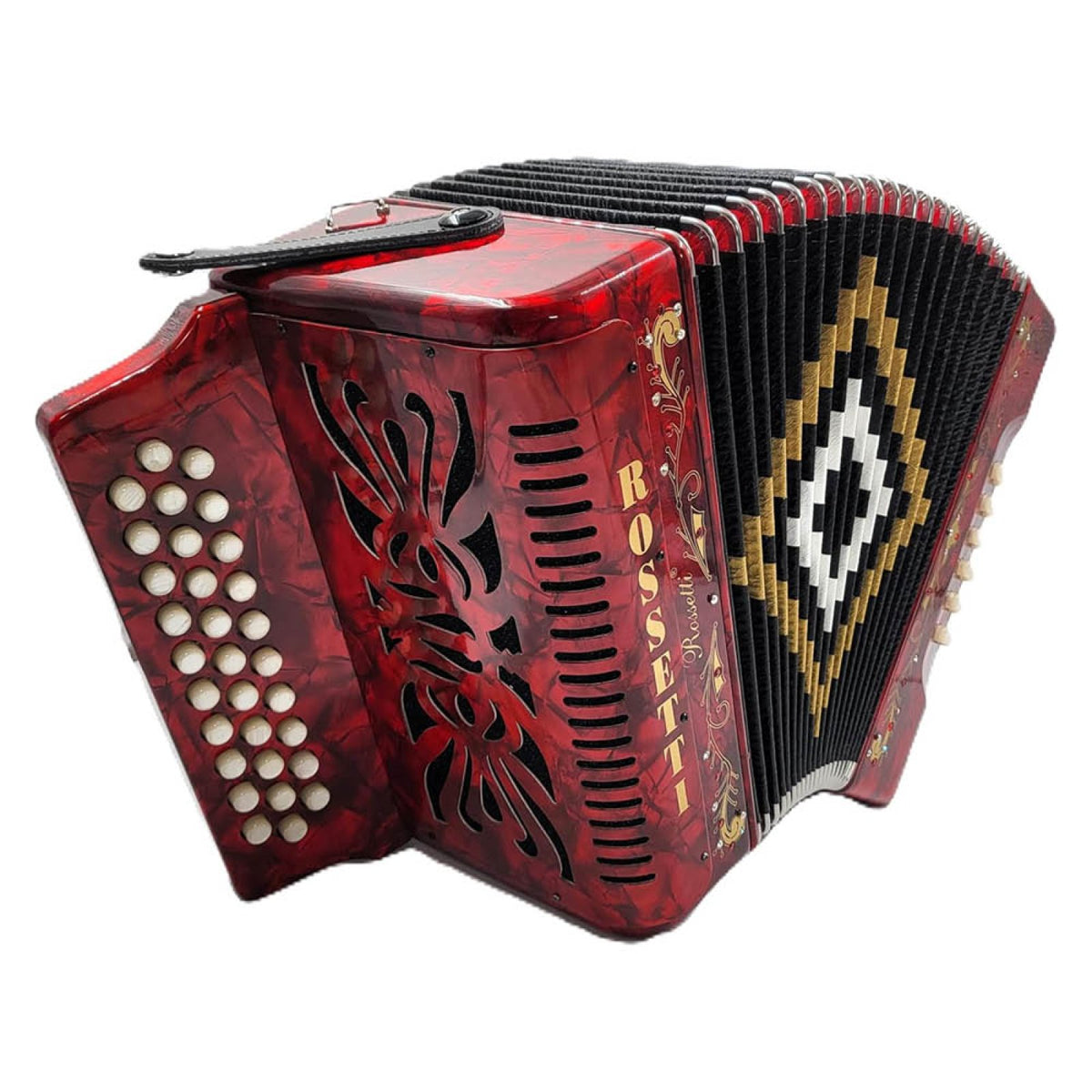 Rossetti 3112-GCF 31-button 12-bass diatonic accordion in red, angled view of the treble side and black bellows