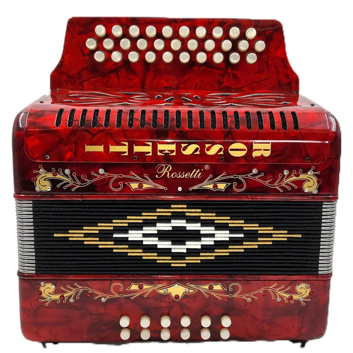 Rossetti 3112-GCF red diatonic accordion, front view showing Rossetti logo and gold bellows diamond decoration