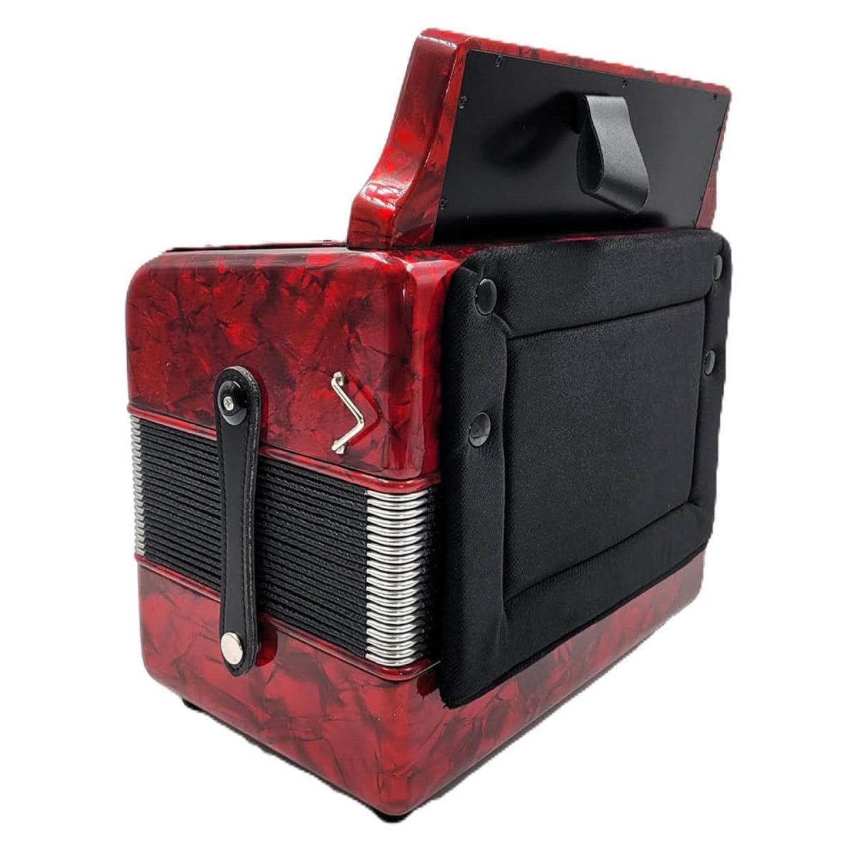 Rossetti 3112-GCF red accordion, side view showing the bellows strap and padded back panel