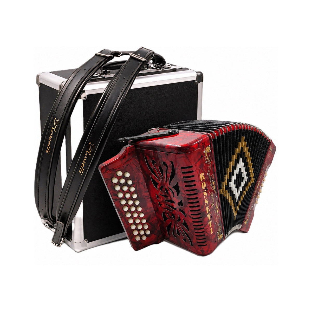 Red Rossetti 3112-GCF accordion shown in front of its hard case with shoulder straps