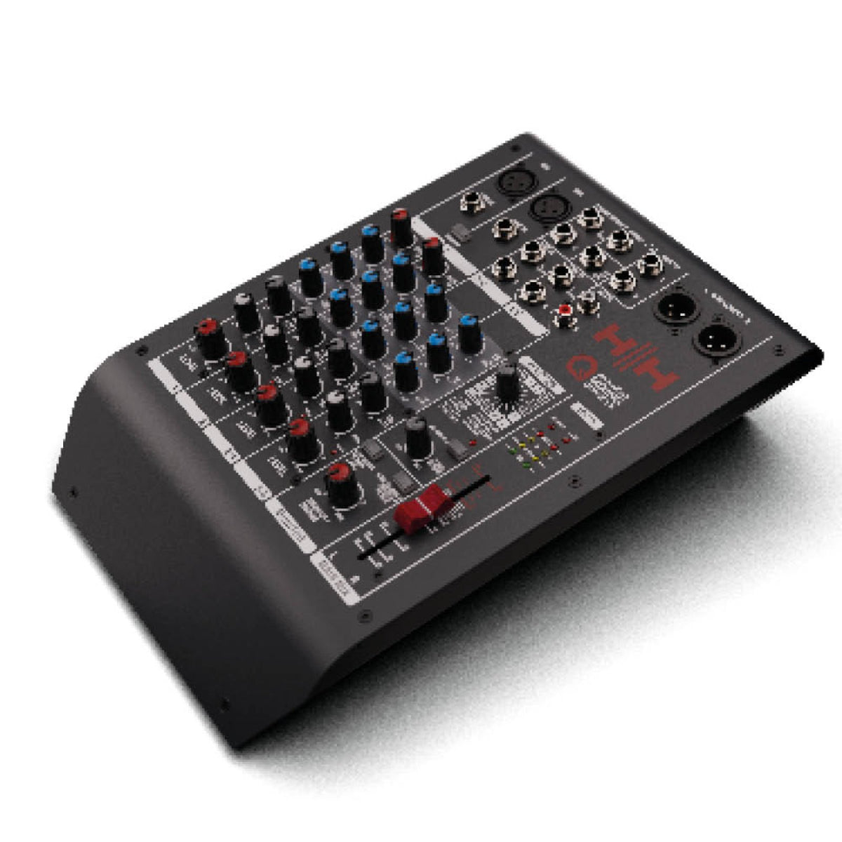 HH Audio Q6FX 6-Channel Analog Mixing Console with DSP and USB, angled view of the top panel