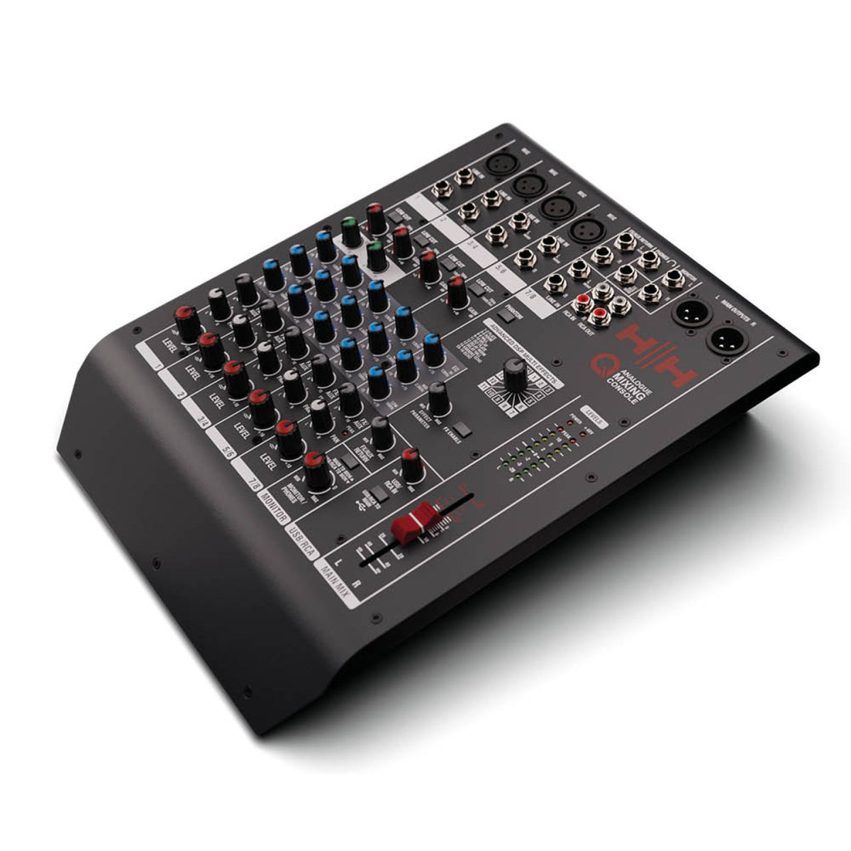 HH Audio Q8FX 8-Channel Analog Mixing Console with DSP and USB, angled view of the top panel