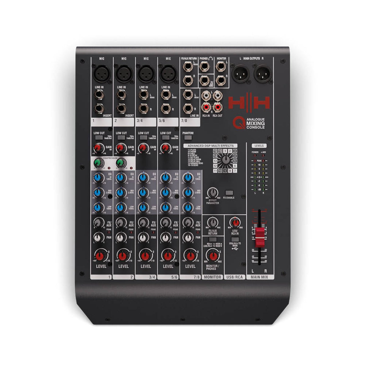 Top view of the HH Audio Q8FX mixing console showing the channel strips and controls