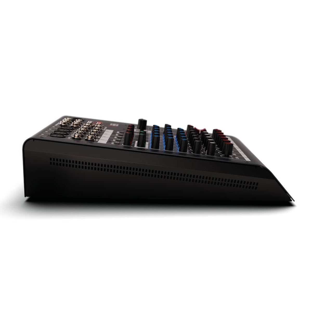 Side profile of the HH Audio Q8FX mixing console showing the sloped control surface