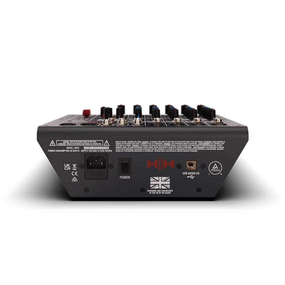 Rear panel of the HH Audio Q8FX mixing console showing the power inlet and USB port