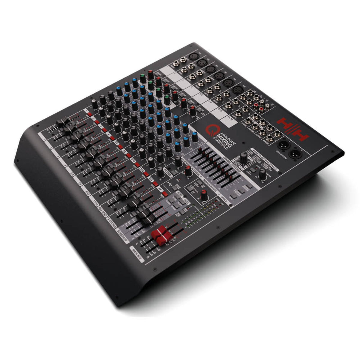 HH Audio Q12FX 12-Channel Analog Mixing Console with DSP and USB, angled view of the top panel