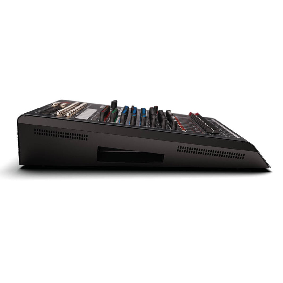 Side profile of the HH Audio Q12FX mixing console showing the sloped control surface
