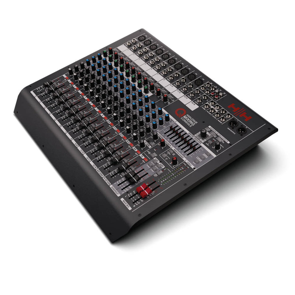 HH Audio Q16FX 16-Channel Analog Mixing Console with DSP and USB, angled view of the top panel