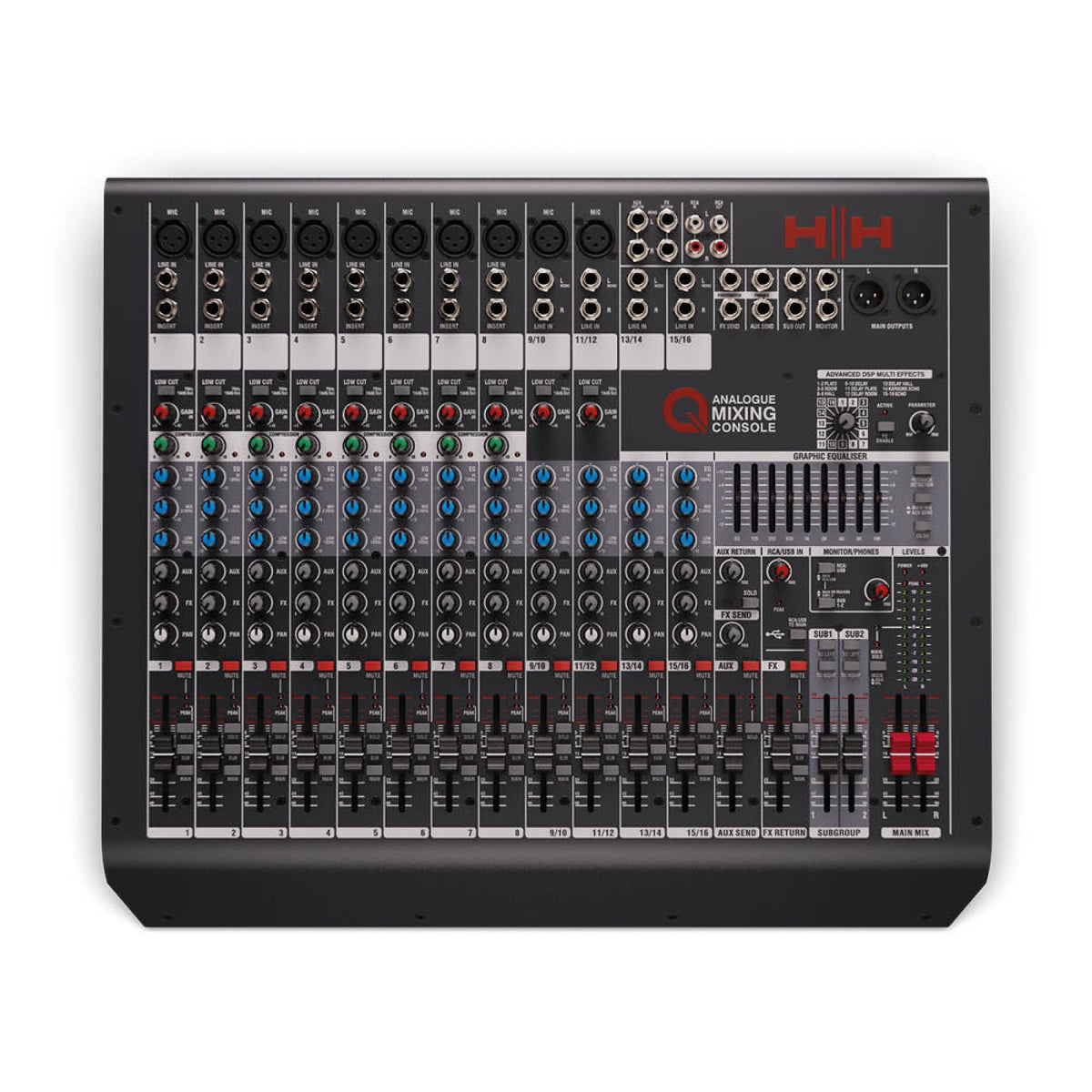 Top view of the HH Audio Q16FX mixing console showing the channel strips and controls