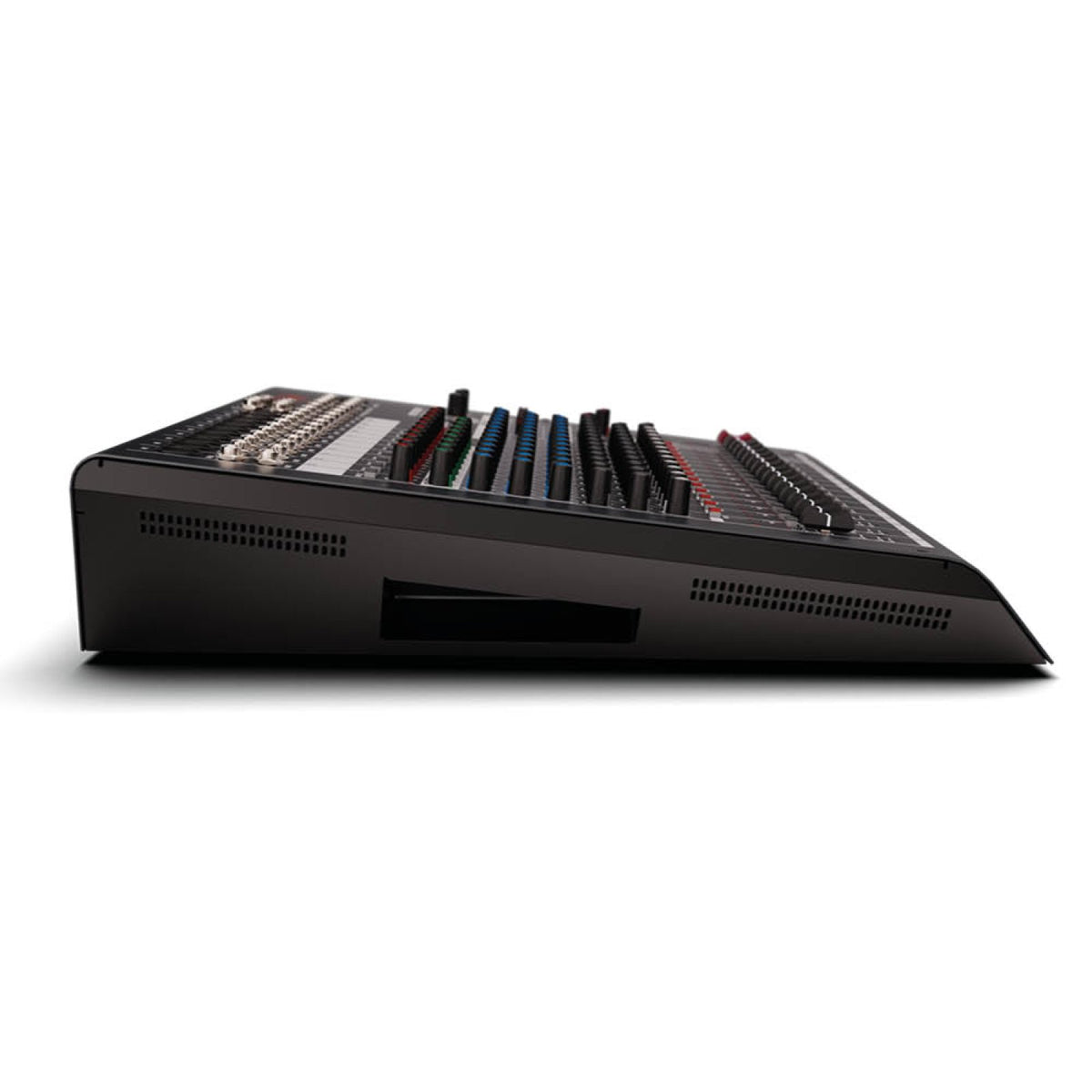 Side profile of the HH Audio Q16FX mixing console showing the sloped control surface