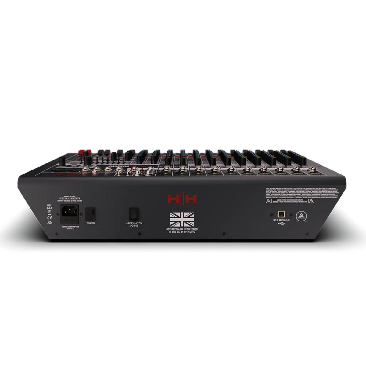 Rear panel of the HH Audio Q16FX mixing console showing the power inlet and USB port