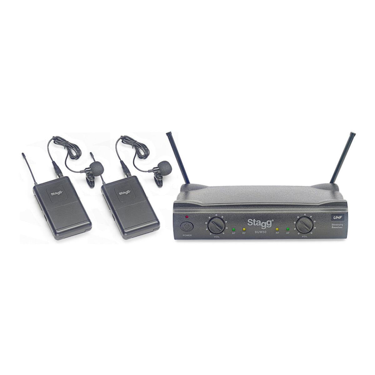 Stagg SUW 50 LL EG US wireless system with two belt-pack transmitters with lapel microphones and the 2-channel receiver